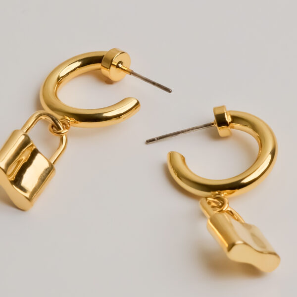Gold Lock Charm Hoops