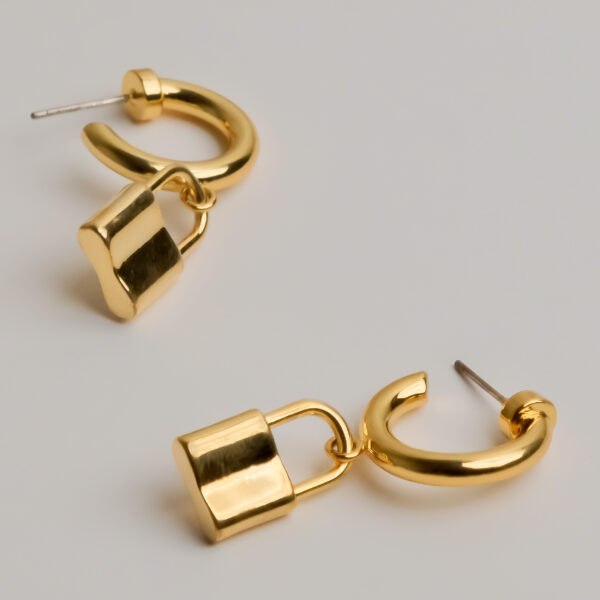 Gold Lock Charm Hoops